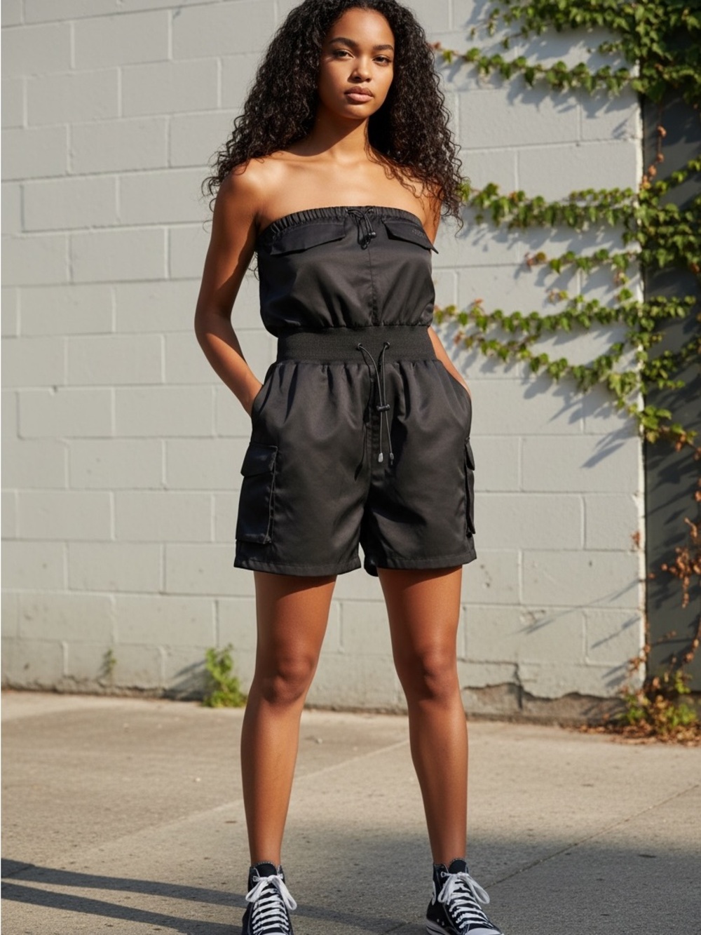 Strapless Black Nylon Cargo Romper with Drawstring Waist